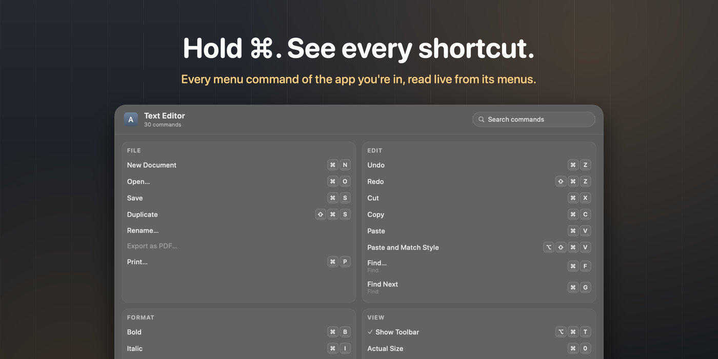 The KeyPeek overlay showing every command of a text editor