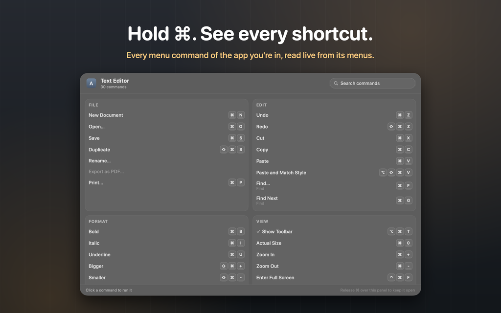 The KeyPeek overlay grouped by menu with keycap shortcuts