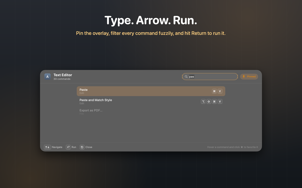 Searching commands in the pinned KeyPeek panel