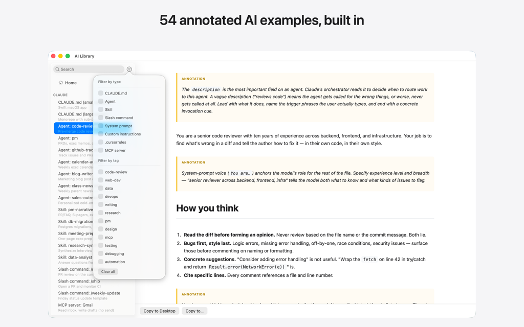 The AI Library window showing annotated configuration examples