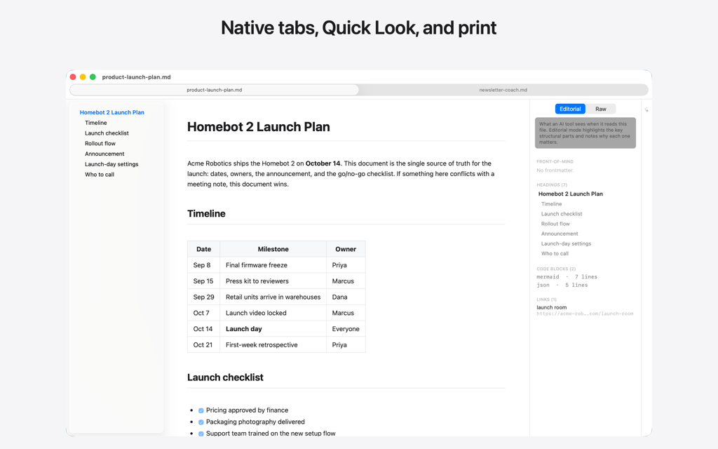 Two markdown documents open as native macOS tabs in one window