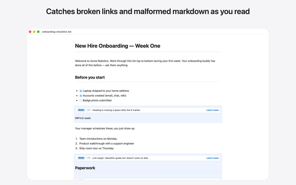 A markdown checklist with inline validation banners flagging a broken link